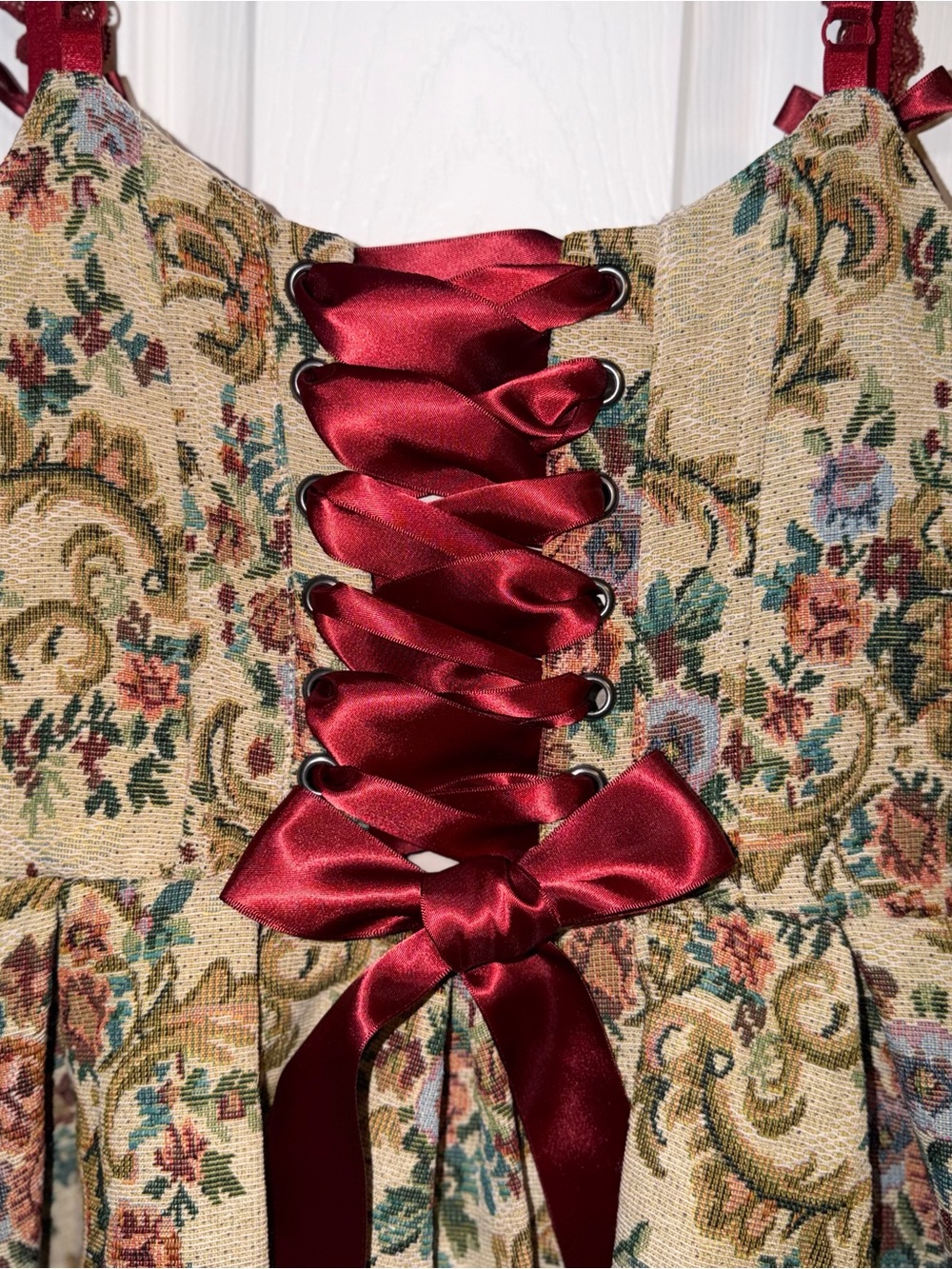 Ruby Red Satin~ Floral Tapestry Pleated Mini Dress
